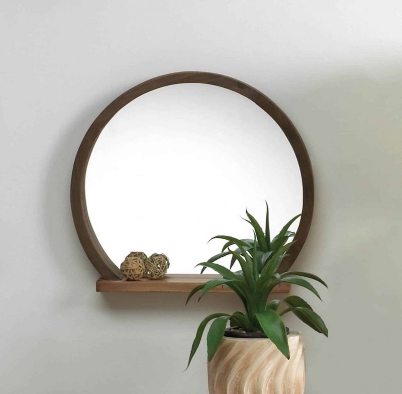 Round Wooden Mirror With Shelf Decor