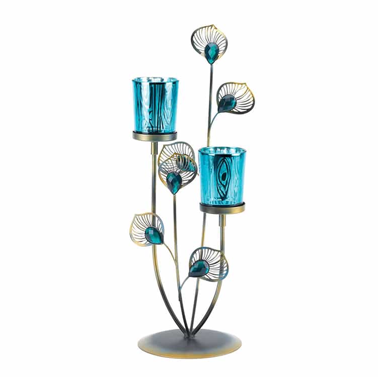 Peacock Plume Blue Candle Holder Home Decor