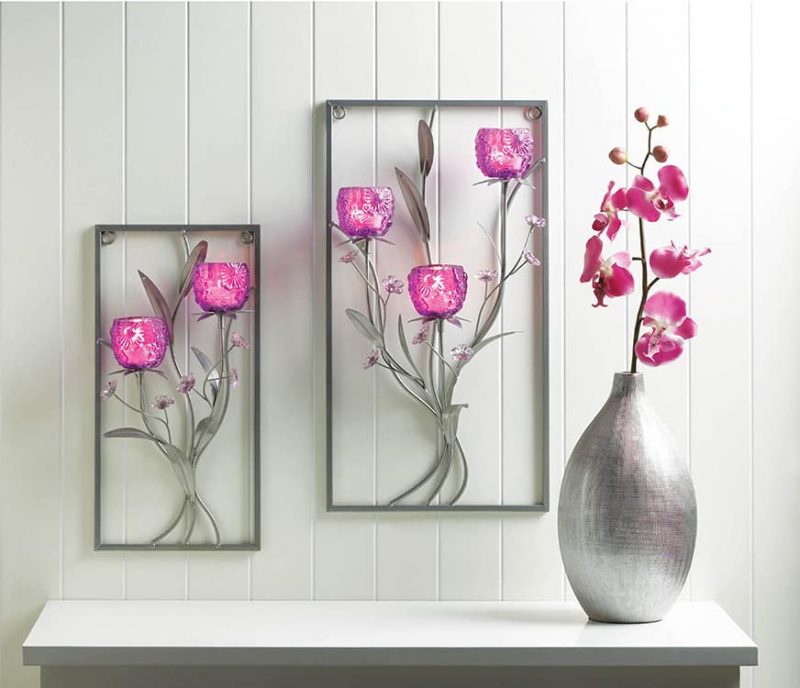 Two Candle Magenta Flower Wall Candle Sconce